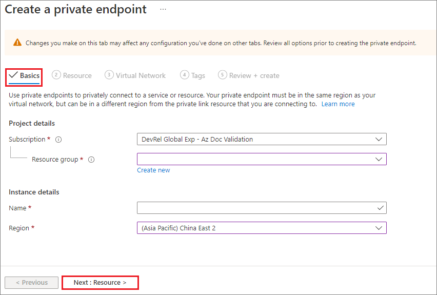Screenshot of how to create a private endpoint in Basics tab.