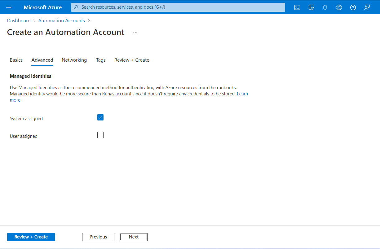 Screenshot shows the required fields for creating the Automation account on Advanced tab.