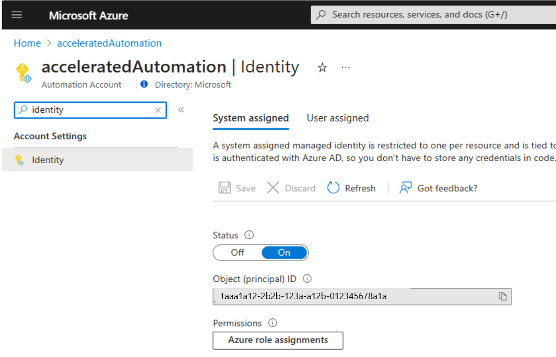 Screenshot of setting the status to ON for System assigned managed identity.
