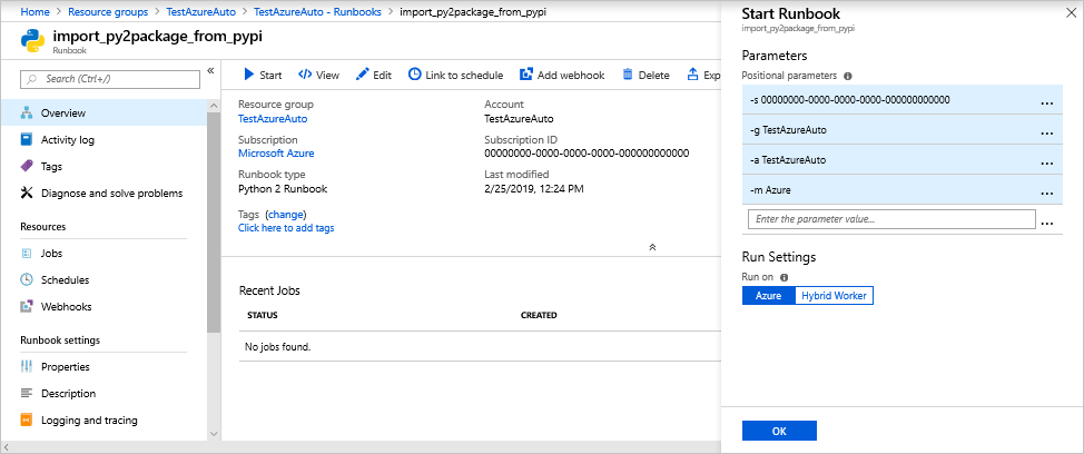 屏幕截图显示了 import_py2package_from_pypi 的“概述”页，其中的“启动 Runbook”窗格在右侧。