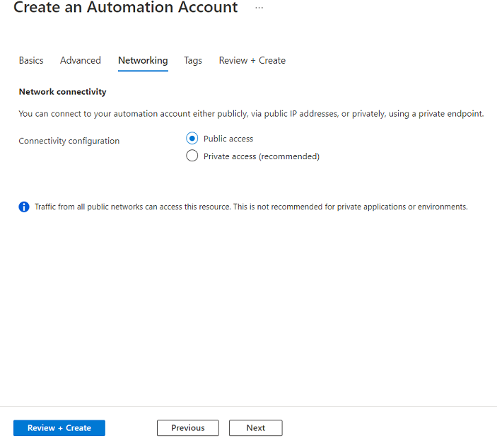 Screenshot showing required fields for creating the Automation account on Networking tab.