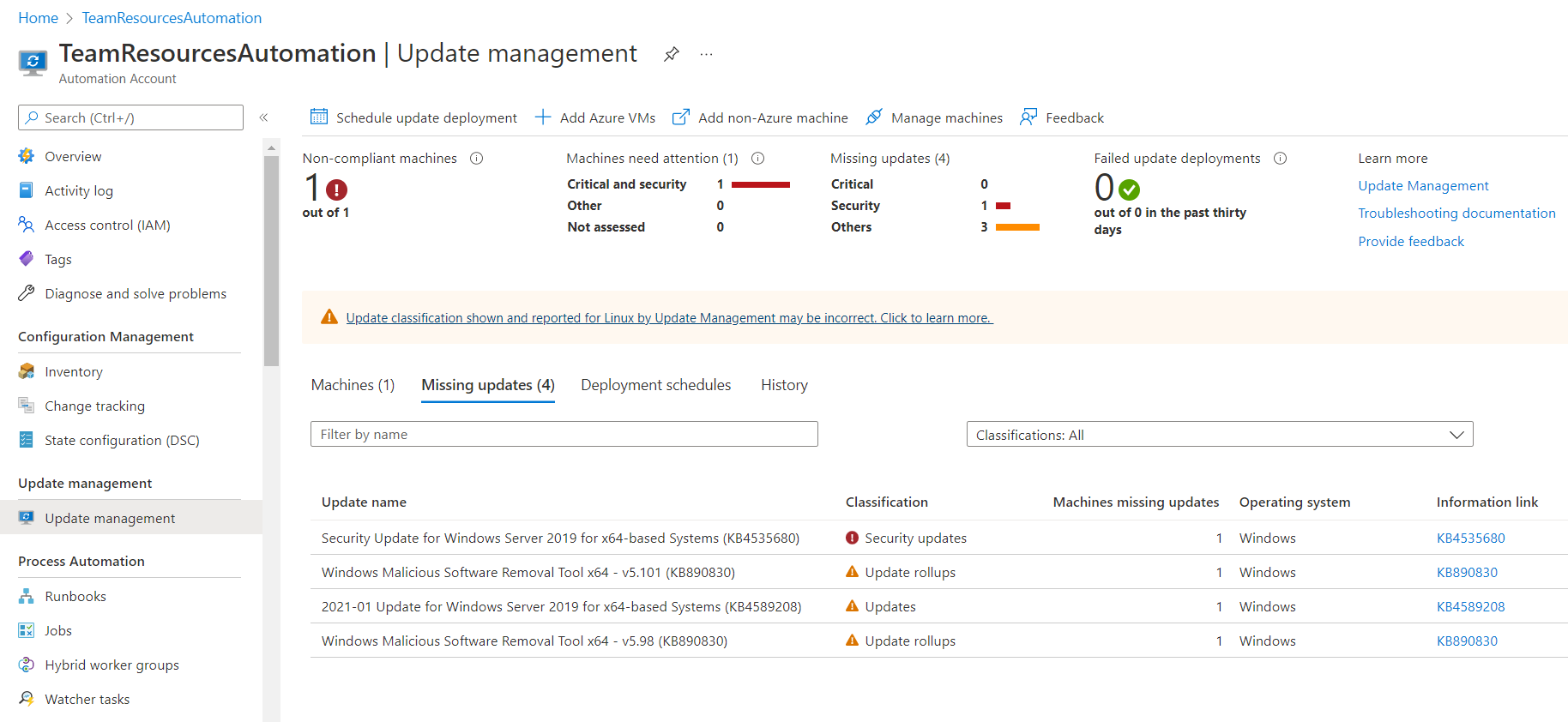 Screenshot of View update status of Automation account.