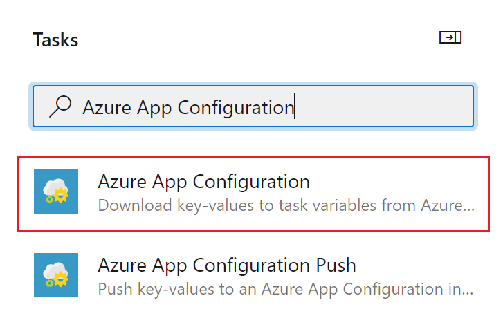 屏幕截图显示“添加任务”对话框，其中搜索框中有“Azure 应用配置”。