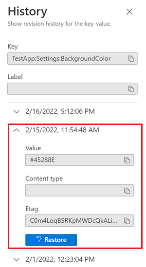 Azure 门户的屏幕截图，显示特定日期的键值数据
