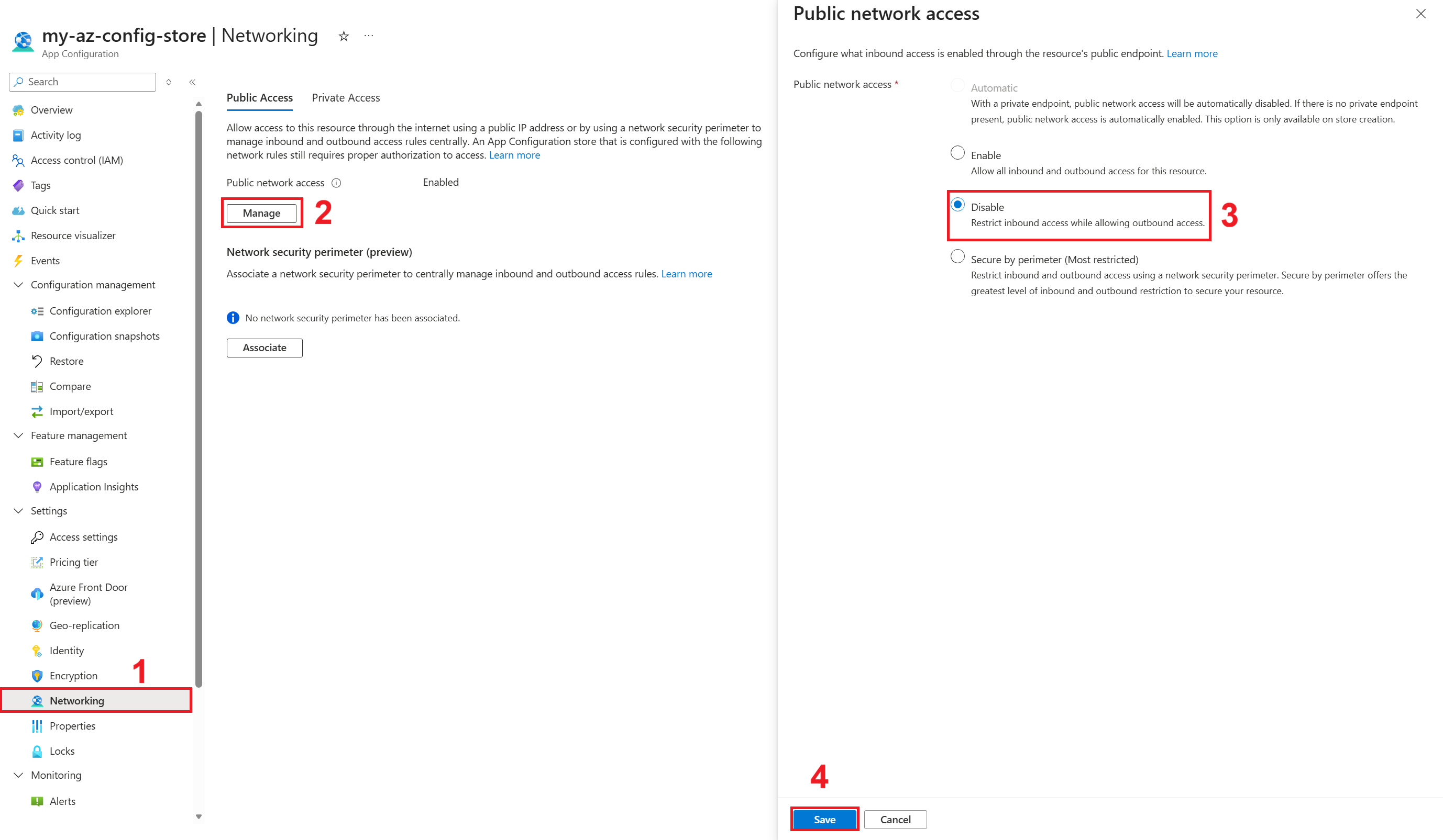 Azure 门户禁用公共访问的屏幕截图。