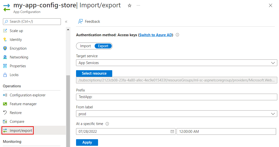 Screenshot of the Azure portal, exporting from App Service.