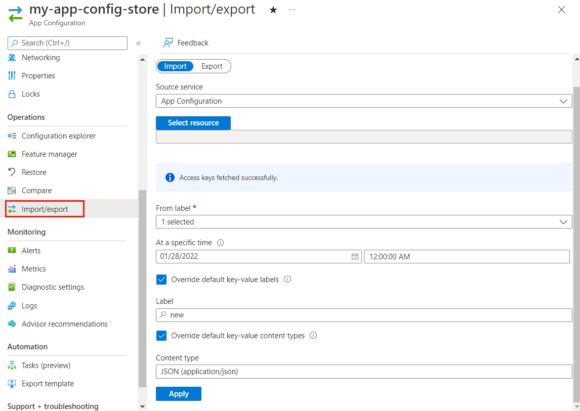Screenshot of the Azure portal, importing from an App Configuration store.