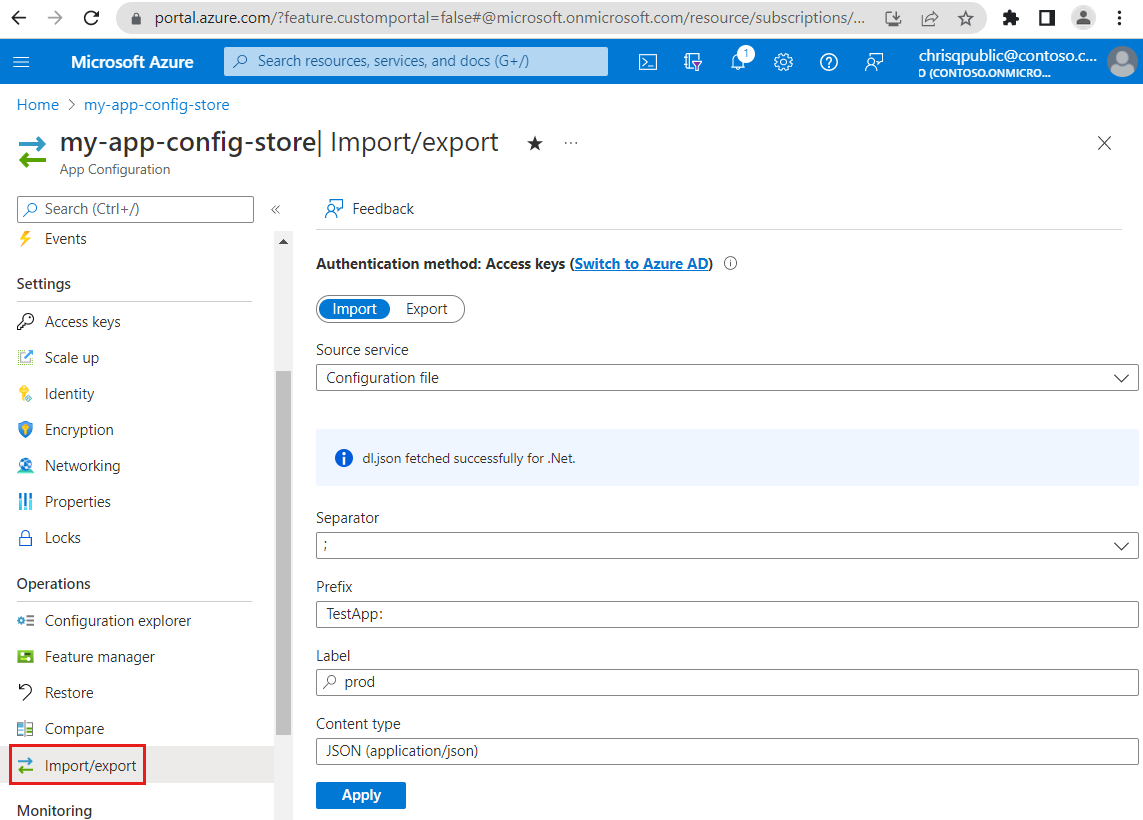 Screenshot of the Azure portal, importing a file.