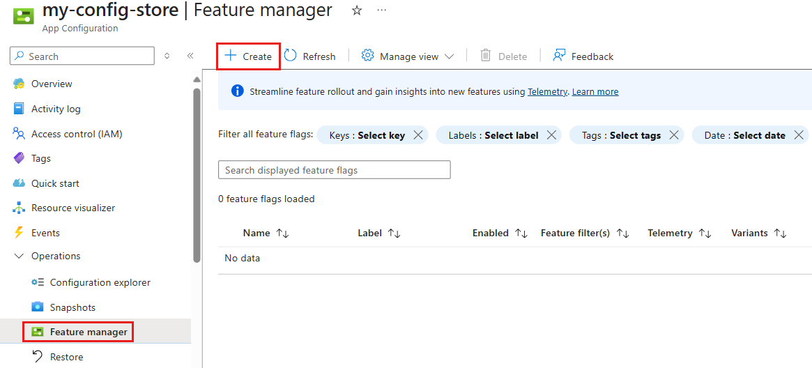Azure 门户的屏幕截图，其中显示了“创建功能标志”功能。
