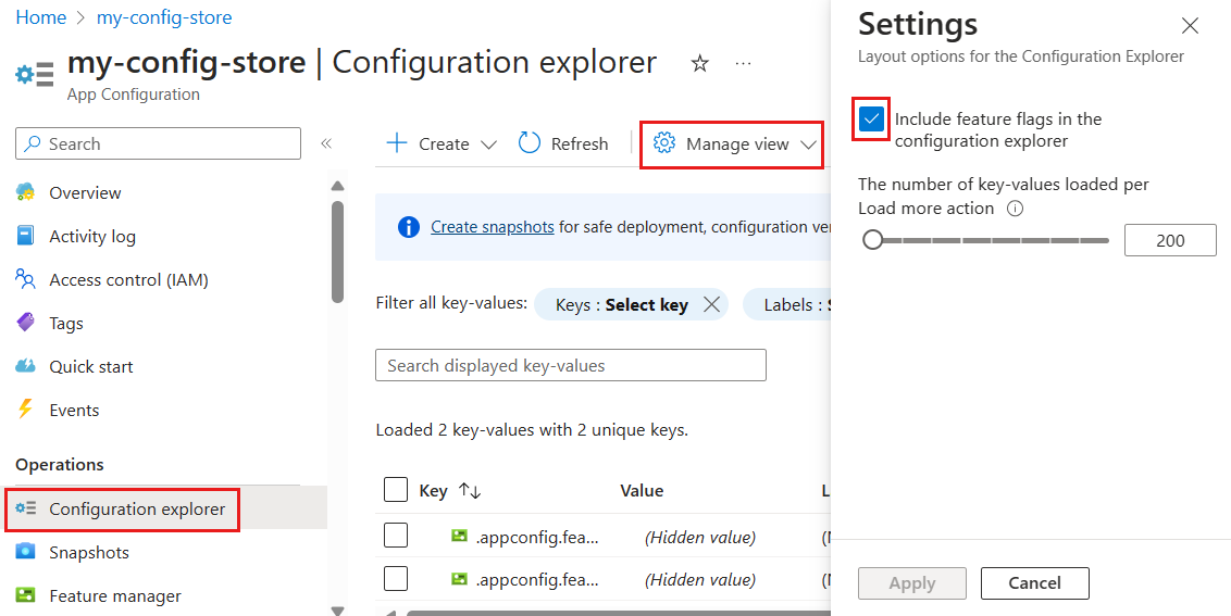 Azure 平台的屏幕截图。在配置资源管理器中包括功能标志。