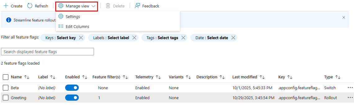 Azure 平台的屏幕截图。管理功能标志视图。
