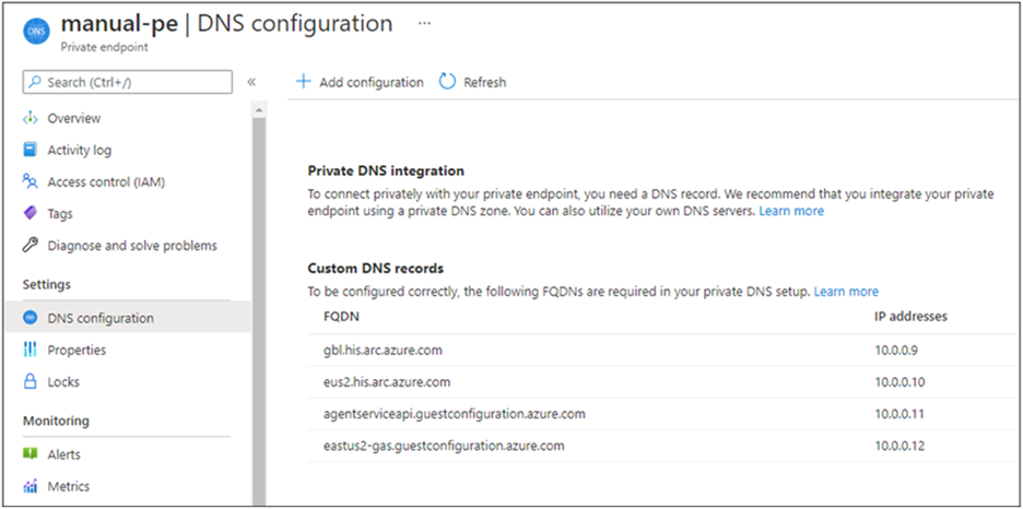 显示 Azure 门户中手动 DNS 服务器配置的屏幕截图。