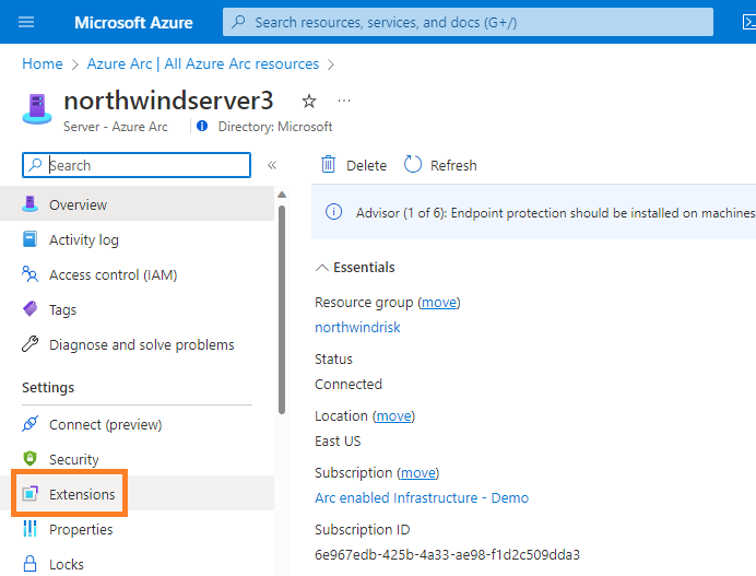 Screenshot of an Azure Arc-enabled server in the Azure portal showing where to navigate to extensions.