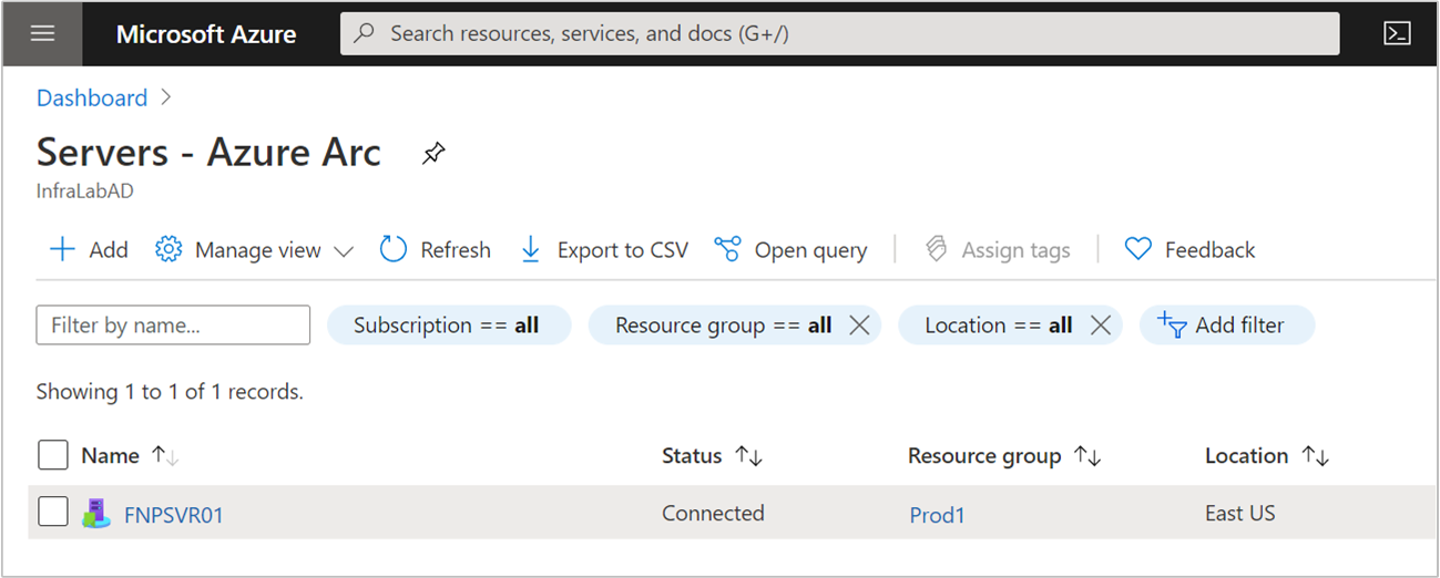 Screenshot showing a successful server connection in the Azure portal.