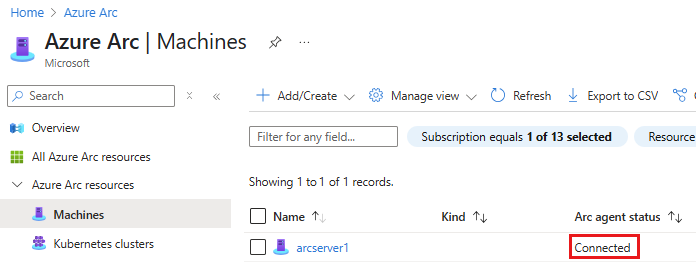 显示 Azure 门户中成功的计算机连接的屏幕截图。