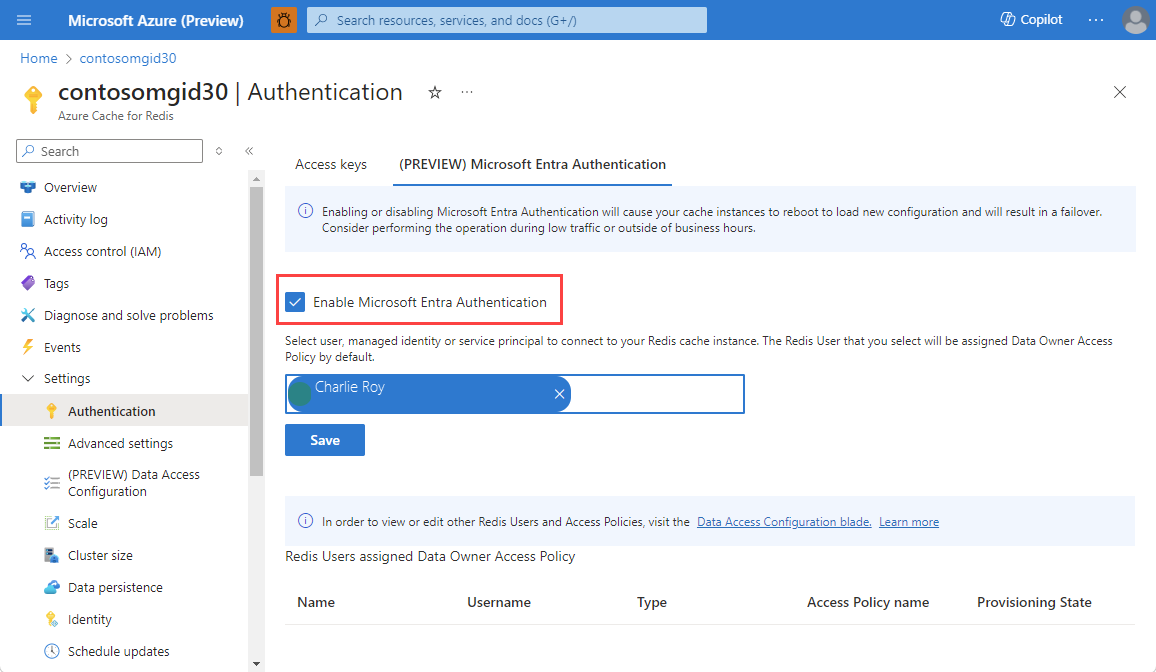 Screenshot showing authentication selected in the resource menu and the enable Microsoft Entra authentication checked.