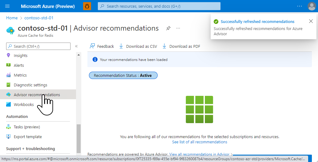 Screenshot that shows where the Advisor recommendations are displayed but there are no current ones.