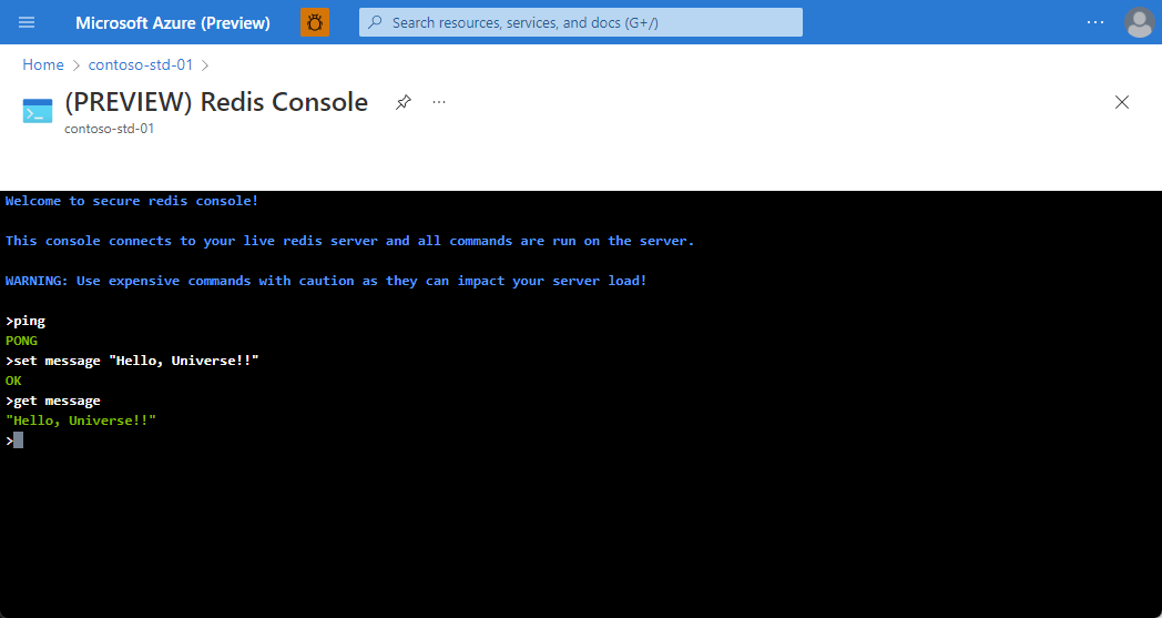 Screenshot that shows the Redis Console with the input command and results.