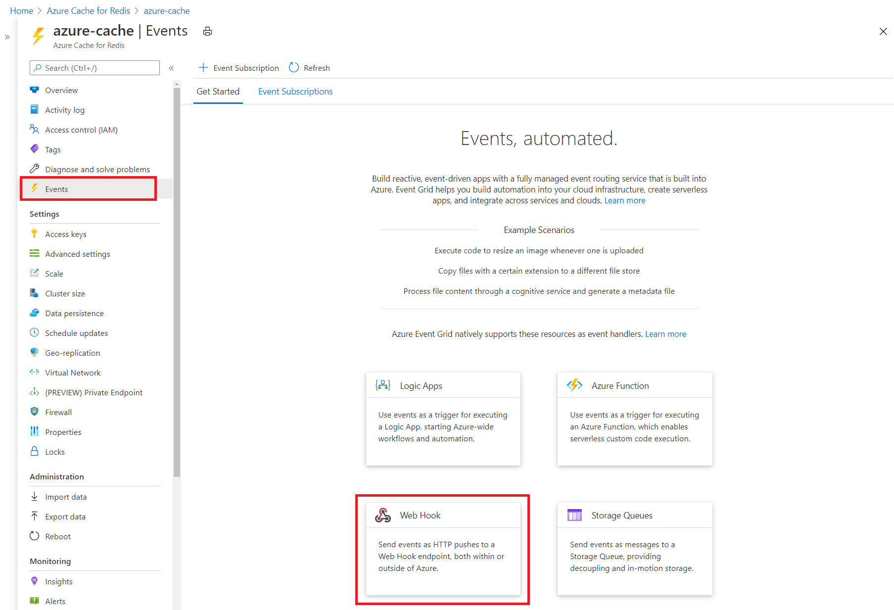 Azure 门户的“事件”页面。