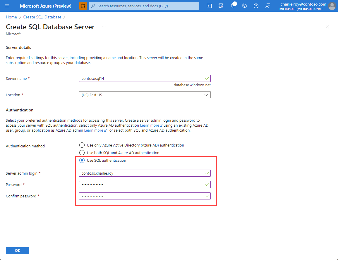 Azure SQL 资源的身份验证信息的屏幕截图。