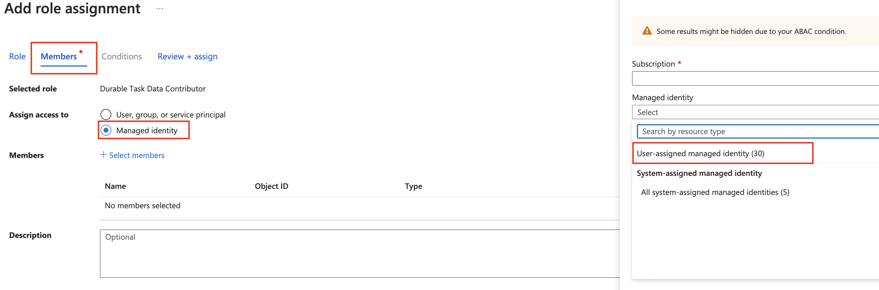 选择要在门户中使用的用户分配的托管标识类型的屏幕截图。