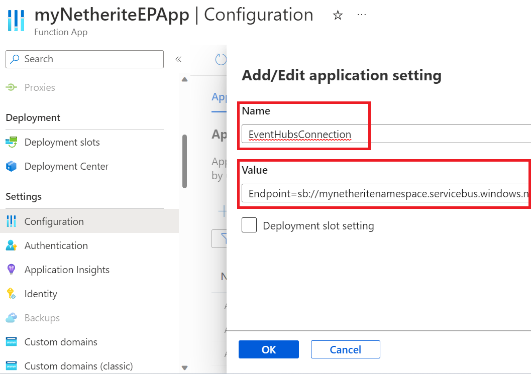 显示输入 EventHubsConnection 作为名称，以及连接字符串作为其值的屏幕截图。