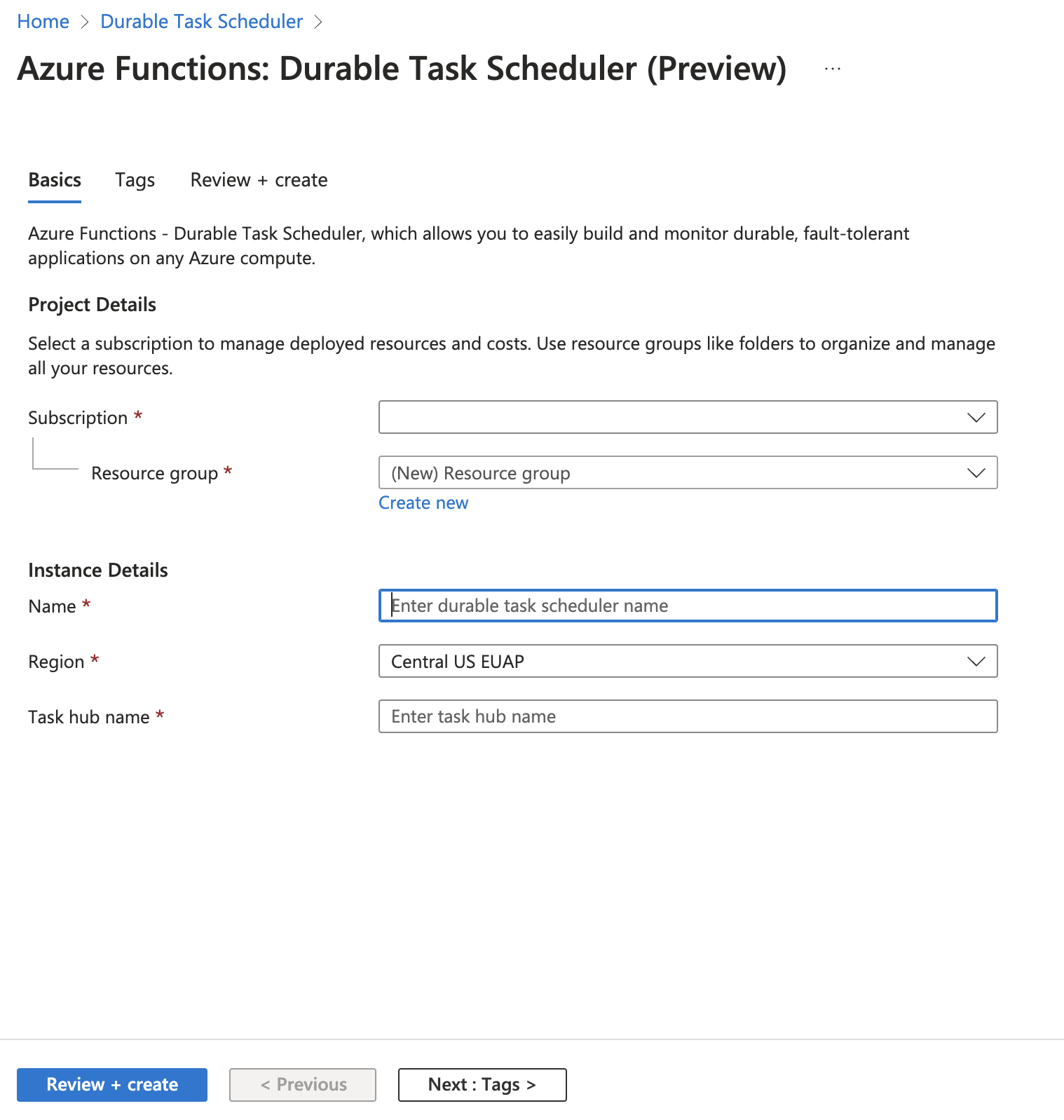 Durable Task Scheduler 的“创建”页的屏幕截图。