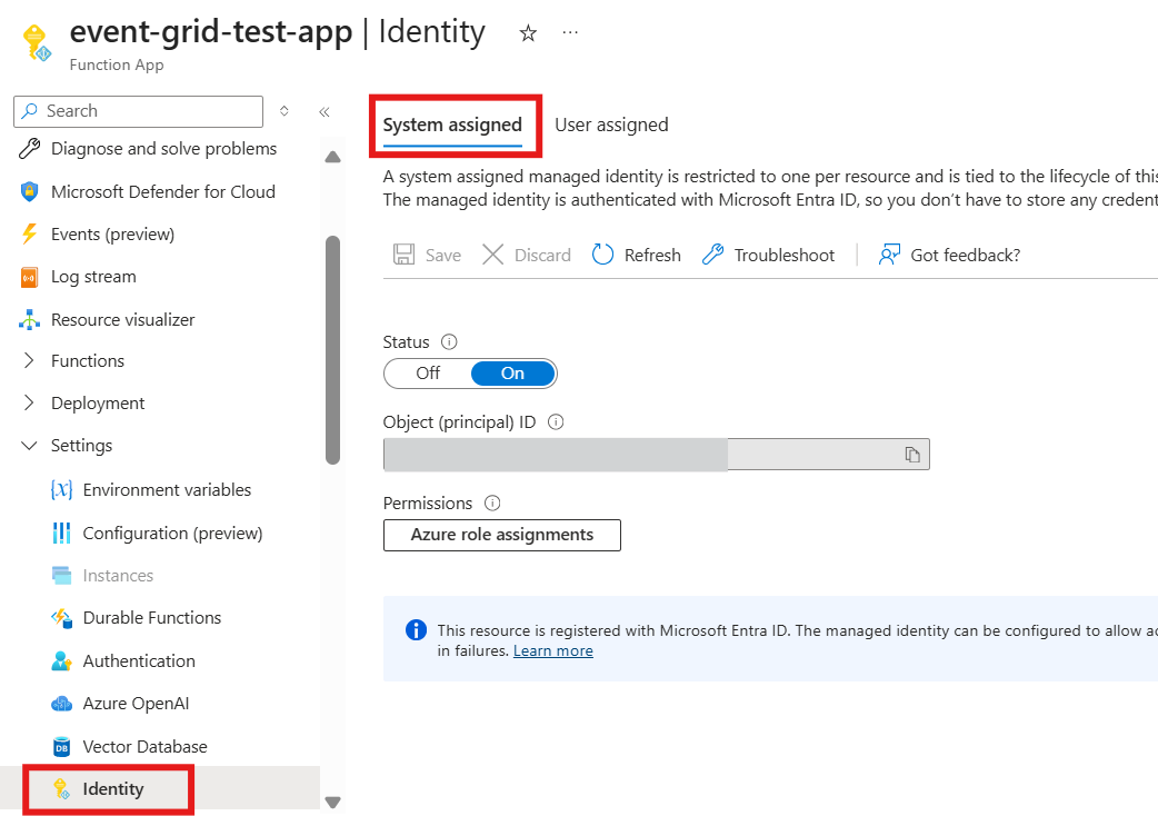 在函数应用中启用系统分配标识的屏幕截图。
