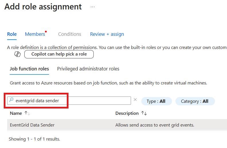 选择 EventGrid 数据发送方角色的屏幕截图。