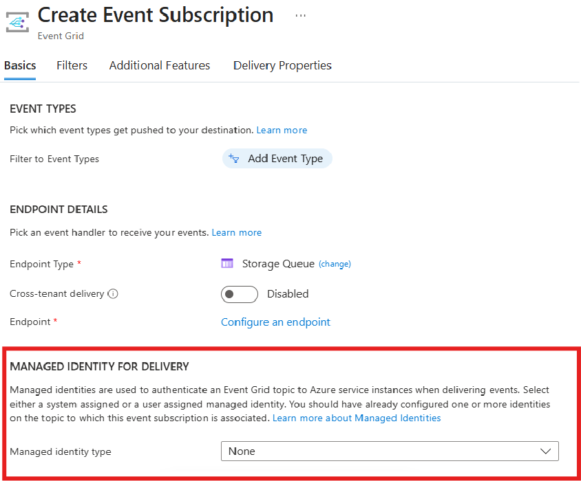 将用户分配的托管标识添加到事件网格订阅的屏幕截图。