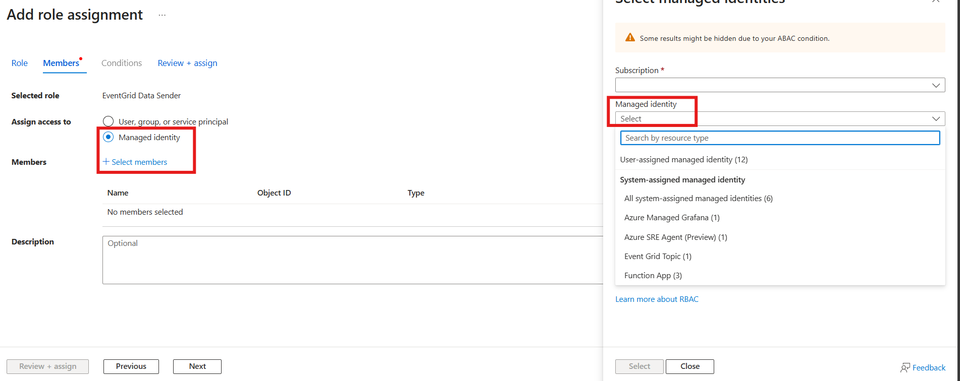 选择托管标识的屏幕截图。