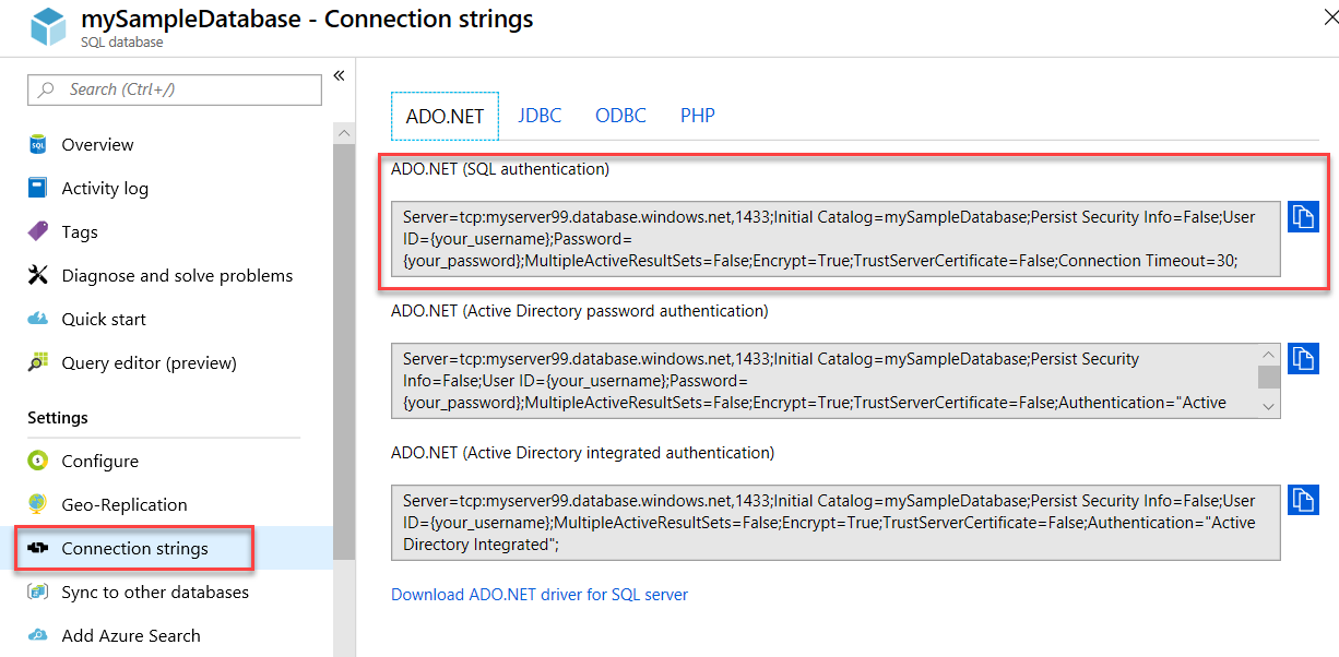 在 Azure 门户中复制 Azure SQL 数据库连接字符串的屏幕截图。