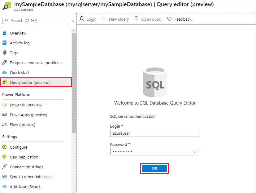 登录到 Azure 门户中的查询编辑器的屏幕截图。