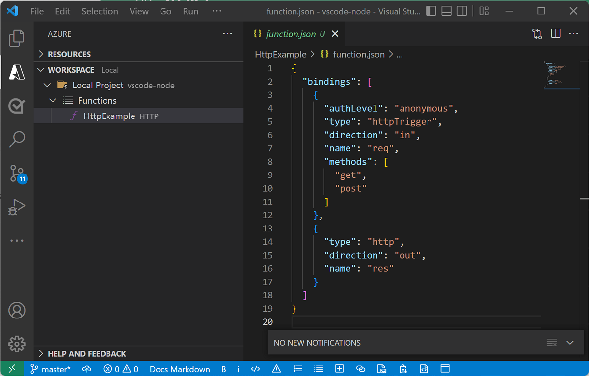 Visual Studio Code 中的 HTTP 触发函数模板的屏幕截图。