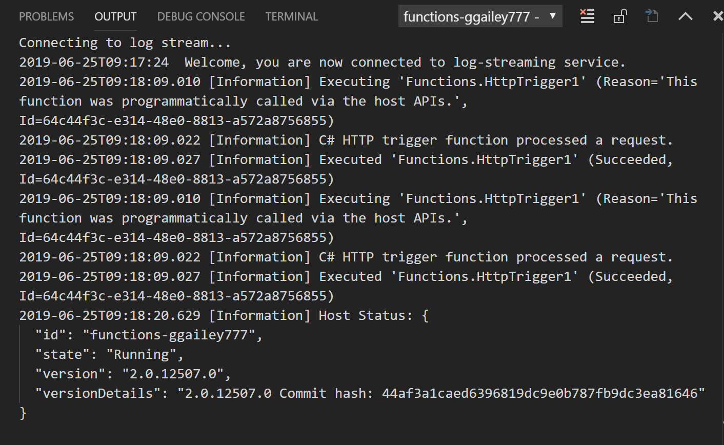 HTTP 触发器的流日志输出的屏幕截图。