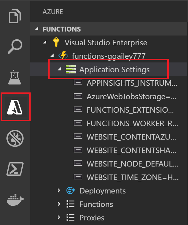在 Visual Studio Code 中查看函数应用设置的屏幕截图。