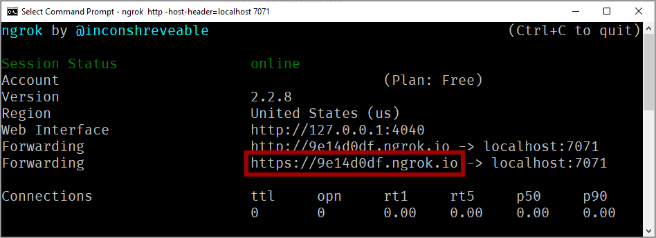 屏幕截图显示了启动“ngrok”实用程序后的命令提示符。