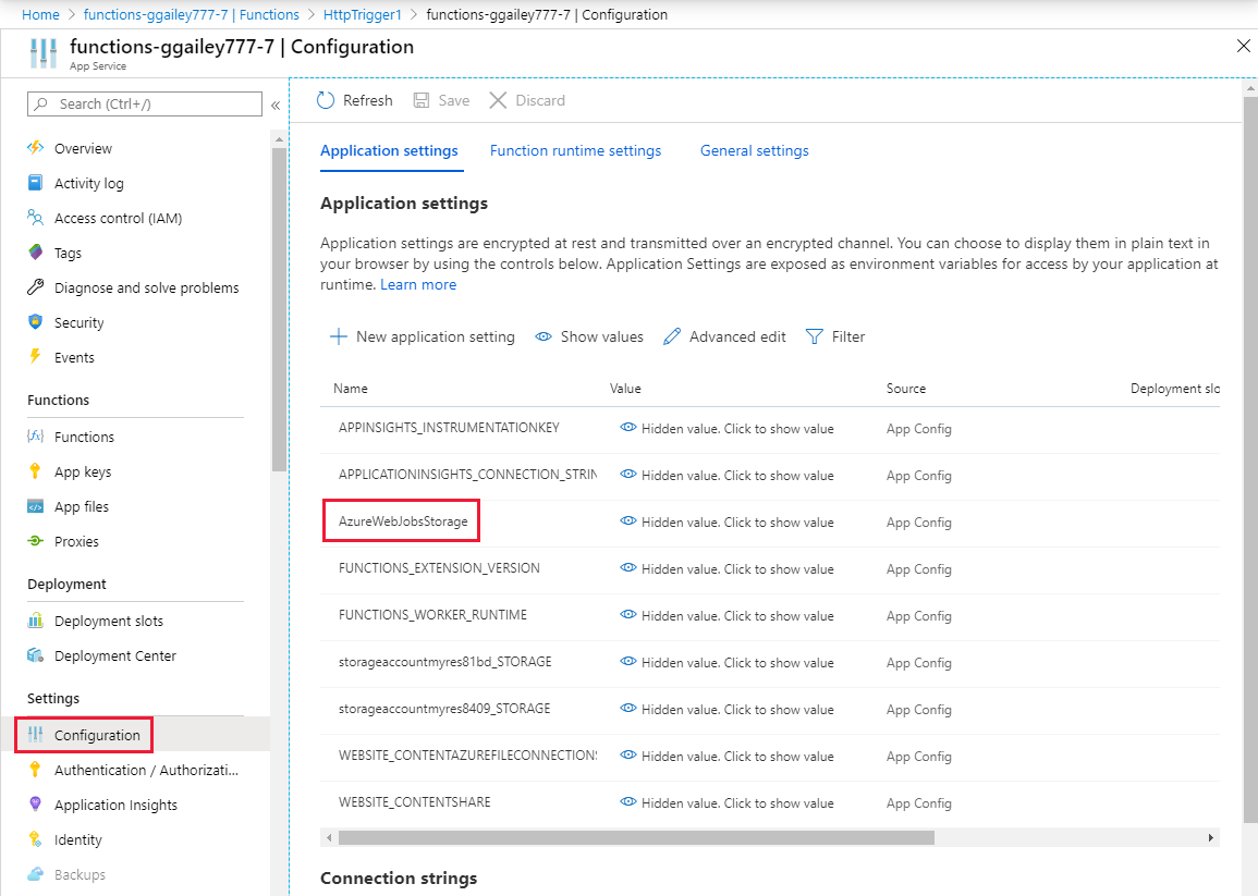 Screenshot shows the Configuration page with AzureWebJobsStorage selected.