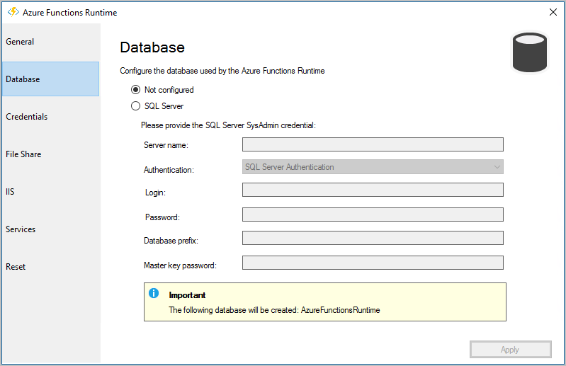 Azure Functions Runtime preview database configuration