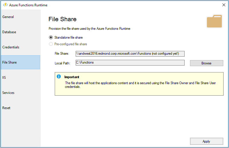 Azure Functions Runtime preview file share