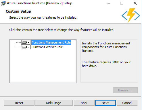 Azure Functions Runtime preview installer - role selection