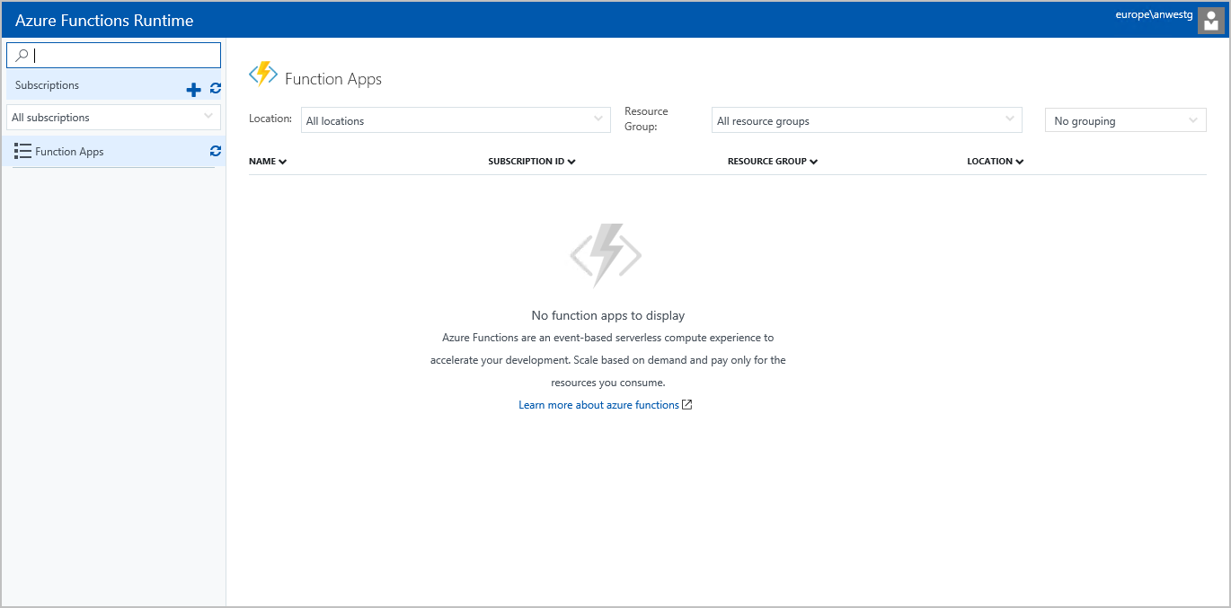 Azure Functions Runtime preview portal