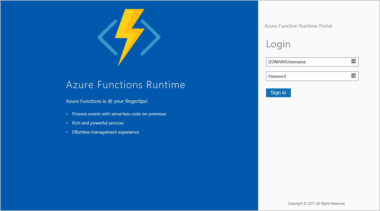 Azure Functions Runtime preview portal login