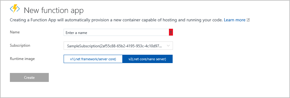 Azure Functions Runtime preview portal new function app