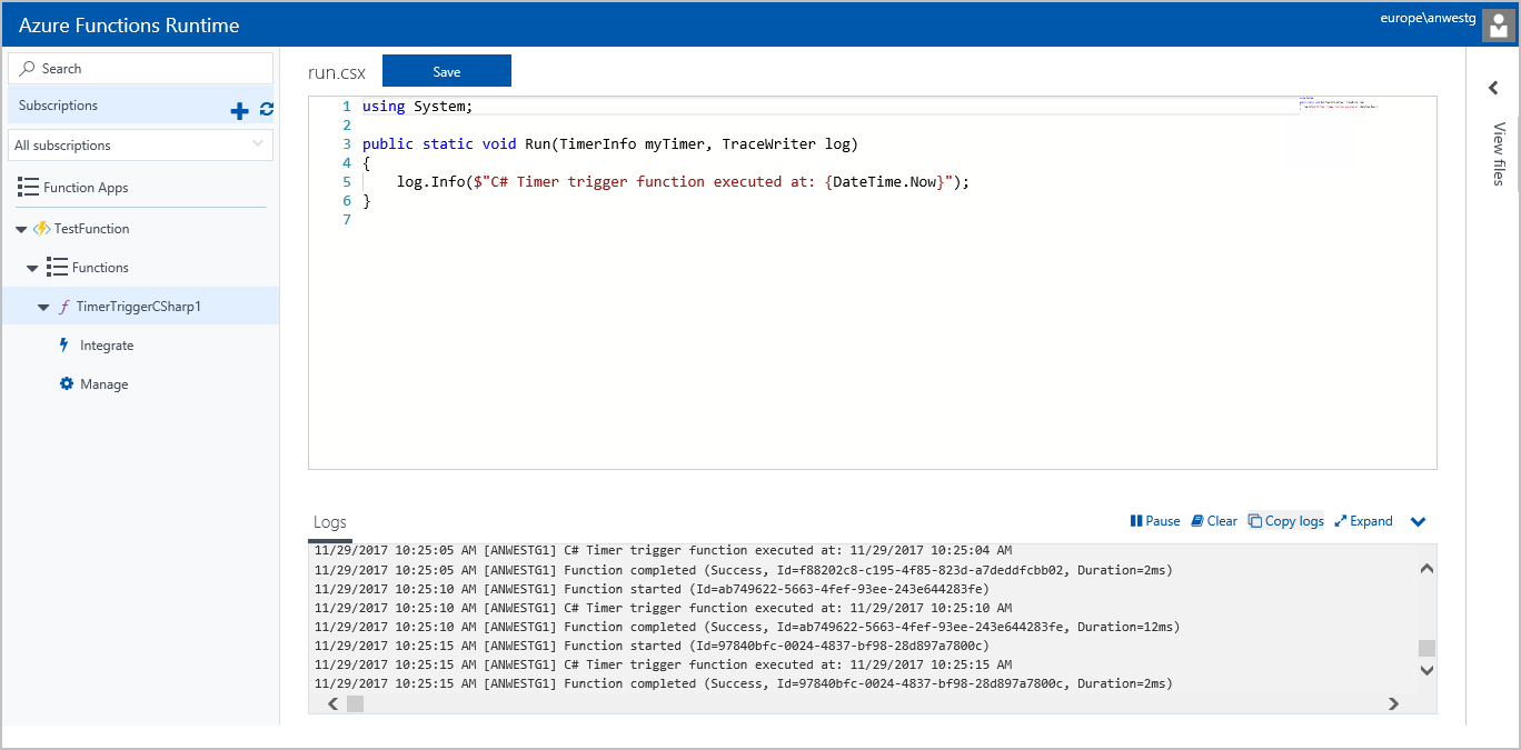 Azure Functions Runtime preview function executing
