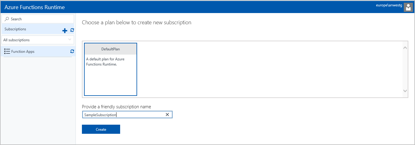 Azure Functions Runtime preview portal subscription plan and name