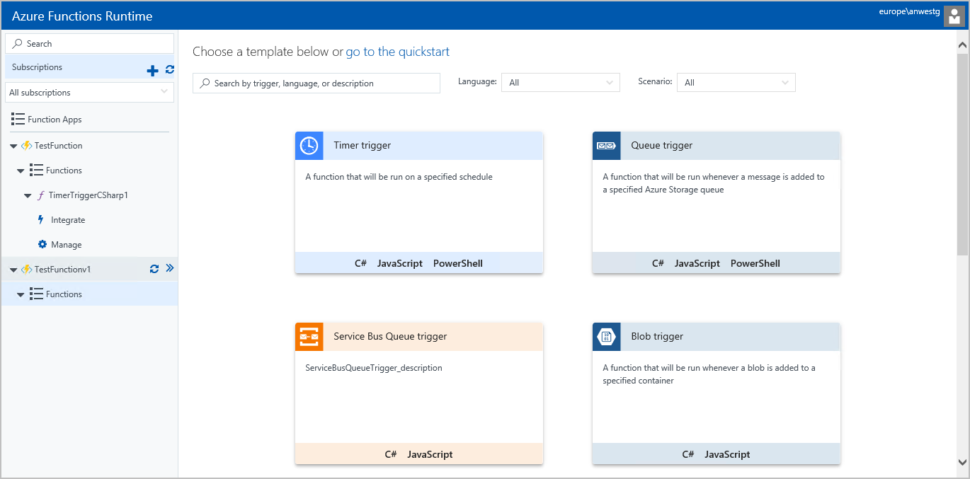 Azure Functions Runtime preview templates