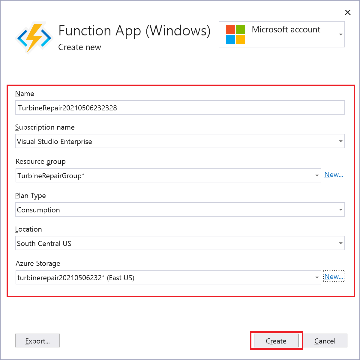 Create a new function app in Azure with Storage