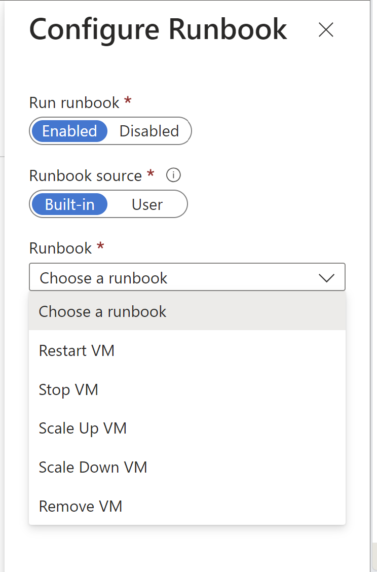 屏幕截图显示配置 Runbook 操作。
