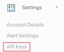 Screenshot that shows API Keys under Settings.